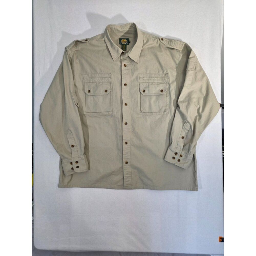 Cabelas Safari Shirt Mens XL Reg Khaki Tan Heavy Cotton Multi Pocket Epaulets